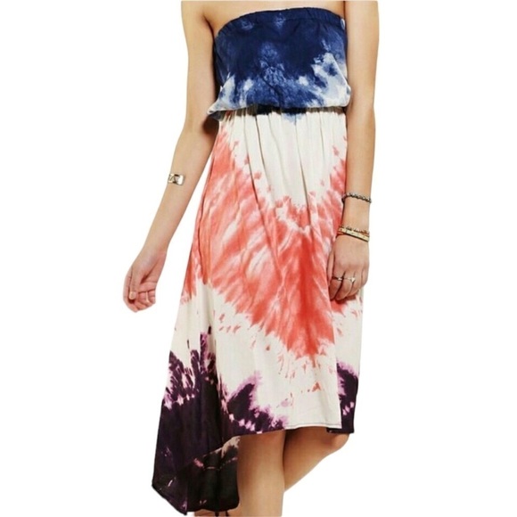 Angie Women's Tie Dye Red and Blue Strapless Long Maxi Dress - Picture 1 of 14